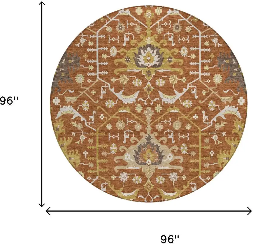 8' Orange And Brown Round Oriental Washable Indoor Outdoor Area Rug Photo 5