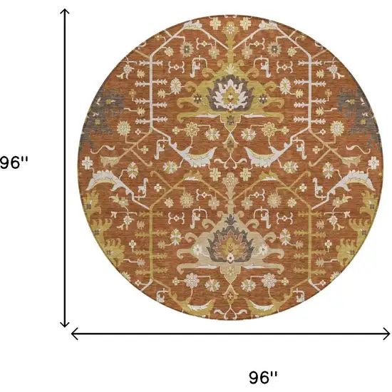 8' Orange And Brown Round Oriental Washable Indoor Outdoor Area Rug Photo 5
