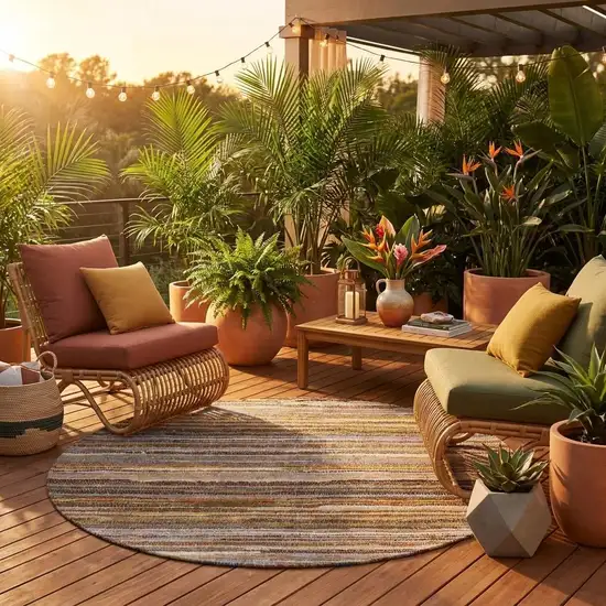 8' Orange And Brown Round Striped Washable Indoor Outdoor Area Rug Photo 1