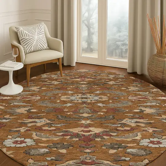 8' Orange And Burgundy Round Floral Medallion Washable Indoor Outdoor Area Rug Photo 5
