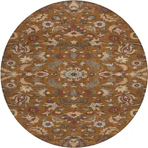 Photo of 8' Orange And Burgundy Round Floral Medallion Washable Indoor Outdoor Area Rug