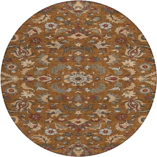 8' Orange And Burgundy Round Floral Medallion Washable Indoor Outdoor Area Rug Photo 1