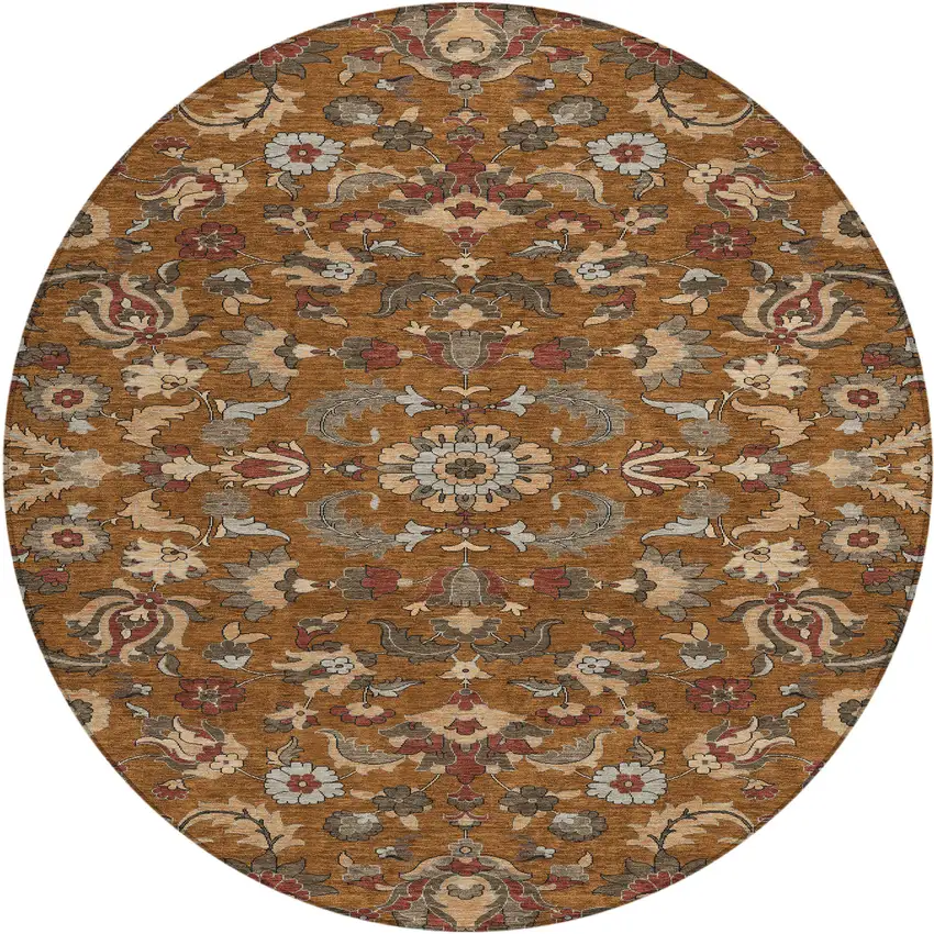 8' Orange And Burgundy Round Floral Medallion Washable Indoor Outdoor Area Rug Photo 1
