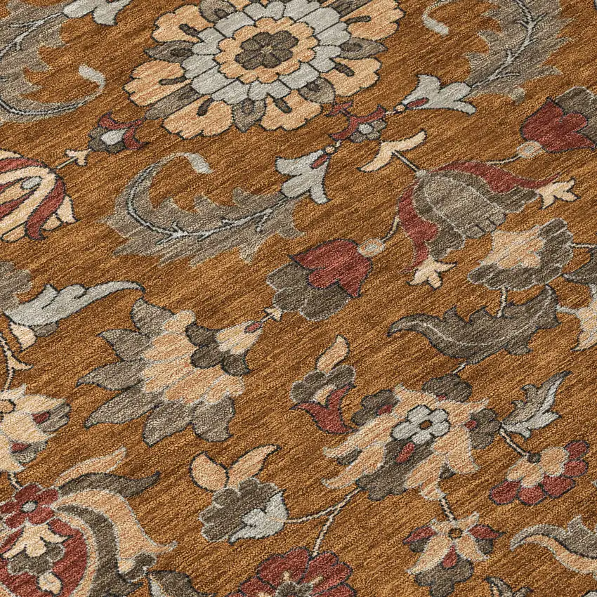 8' Orange And Burgundy Round Floral Medallion Washable Indoor Outdoor Area Rug Photo 7