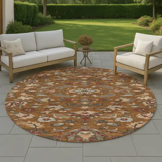 8' Orange And Burgundy Round Floral Medallion Washable Indoor Outdoor Area Rug Photo 4