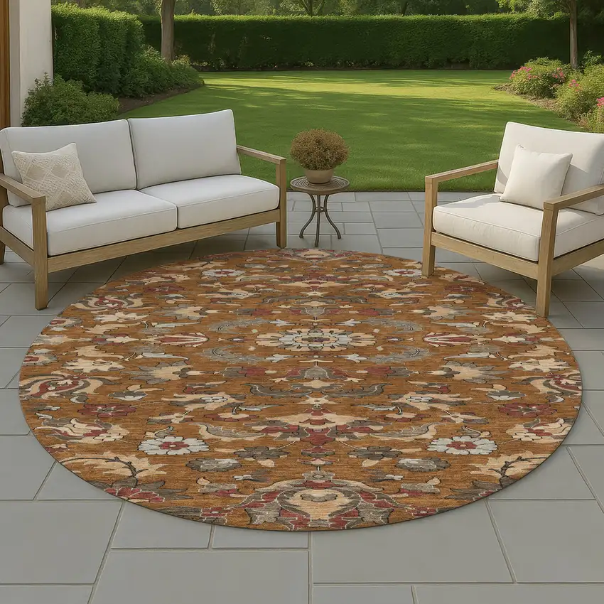 8' Orange And Burgundy Round Floral Medallion Washable Indoor Outdoor Area Rug Photo 4