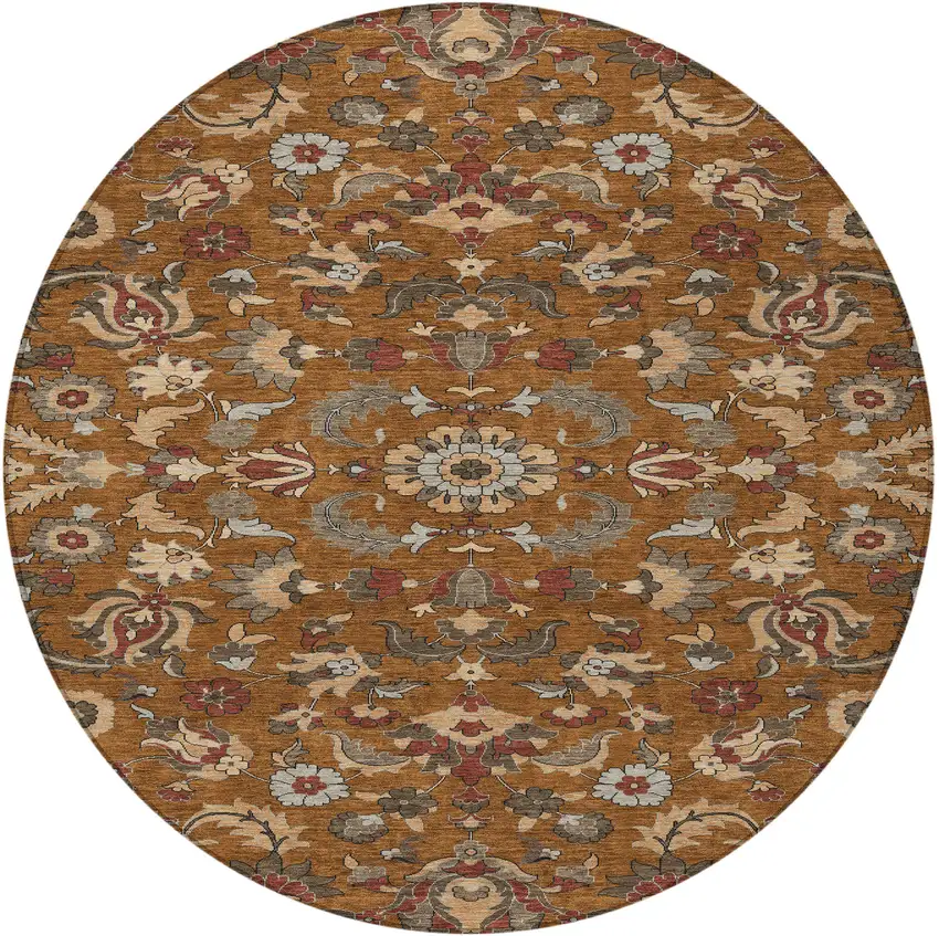 8' Orange And Burgundy Round Floral Medallion Washable Indoor Outdoor Area Rug Photo 3