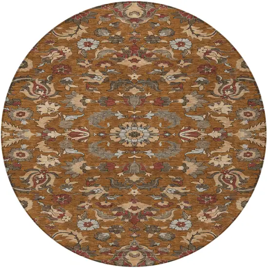 8' Orange And Burgundy Round Floral Medallion Washable Indoor Outdoor Area Rug Photo 3