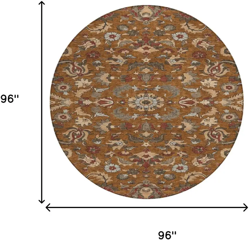 8' Orange And Burgundy Round Floral Medallion Washable Indoor Outdoor Area Rug Photo 8