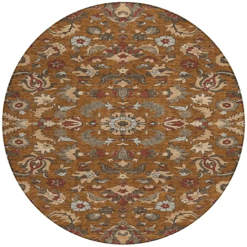 8' Orange And Burgundy Round Floral Medallion Washable Indoor Outdoor Area Rug Photo 2
