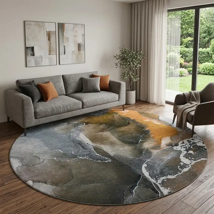 8' Orange And Charcoal Abstract Washable Round Rug With UV Protection Photo 1