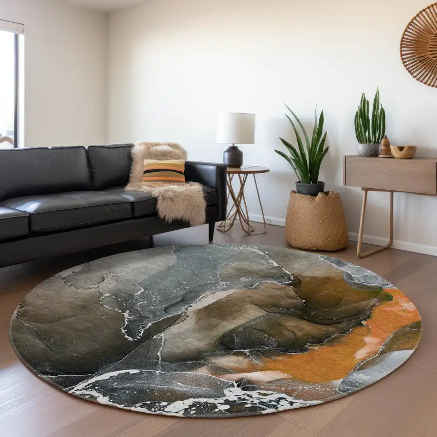 8' Orange And Charcoal Abstract Washable Round Rug With UV Protection Photo 5