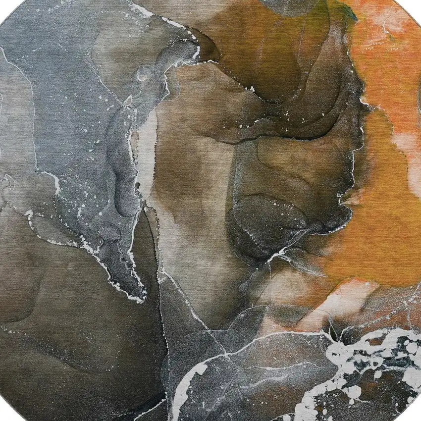 8' Orange And Charcoal Abstract Washable Round Rug With UV Protection Photo 3