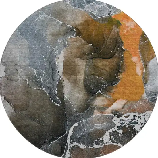 8' Orange And Charcoal Abstract Washable Round Rug With UV Protection Photo 4