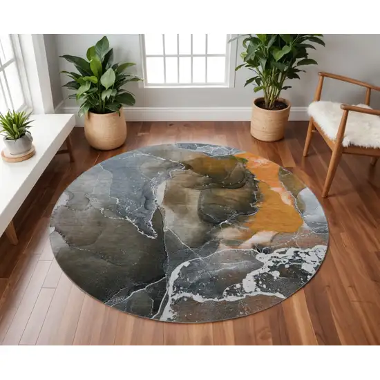8' Orange And Charcoal Abstract Washable Round Rug With UV Protection Photo 2