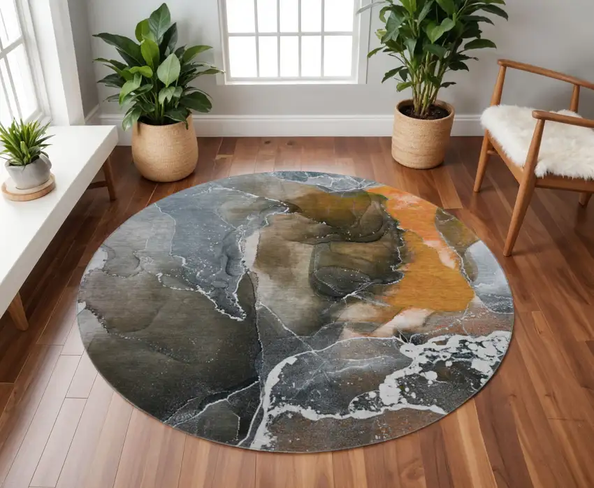 8' Orange And Charcoal Abstract Washable Round Rug With UV Protection Photo 2