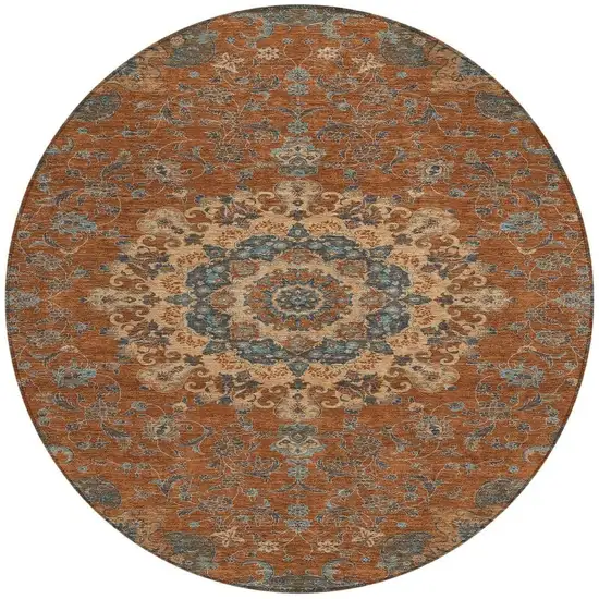 8' Orange And Charcoal Round Floral Medallion Washable Indoor Outdoor Area Rug Photo 3