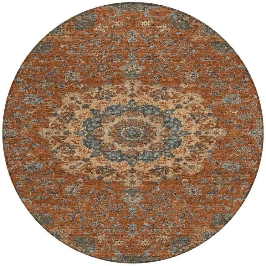 8' Orange And Charcoal Round Floral Medallion Washable Indoor Outdoor Area Rug Photo 3