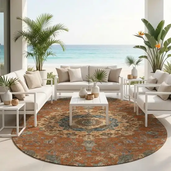 8' Orange And Charcoal Round Floral Medallion Washable Indoor Outdoor Area Rug Photo 1