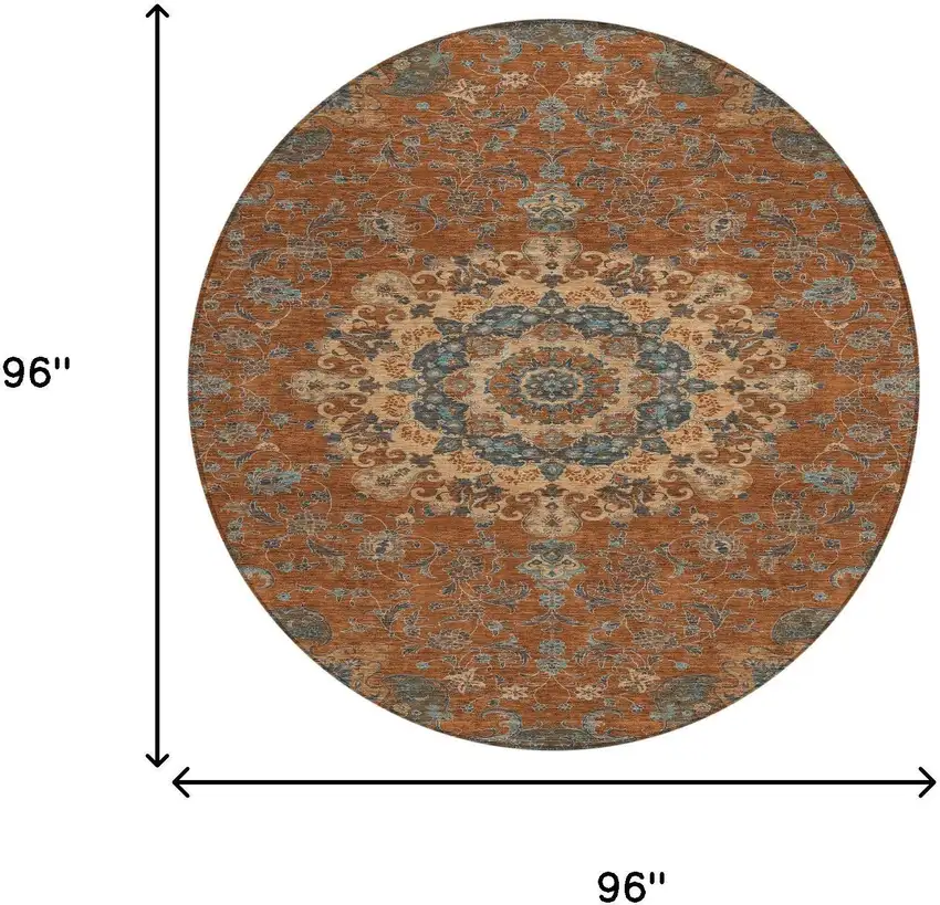 8' Orange And Charcoal Round Floral Medallion Washable Indoor Outdoor Area Rug Photo 7