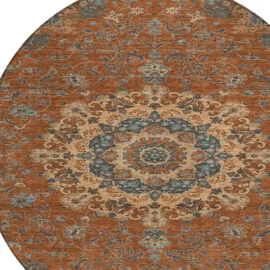 8' Orange And Charcoal Round Floral Medallion Washable Indoor Outdoor Area Rug Photo 4