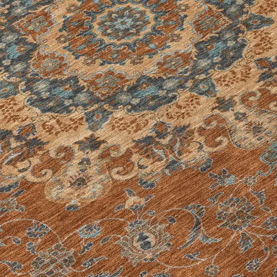 8' Orange And Charcoal Round Floral Medallion Washable Indoor Outdoor Area Rug Photo 6