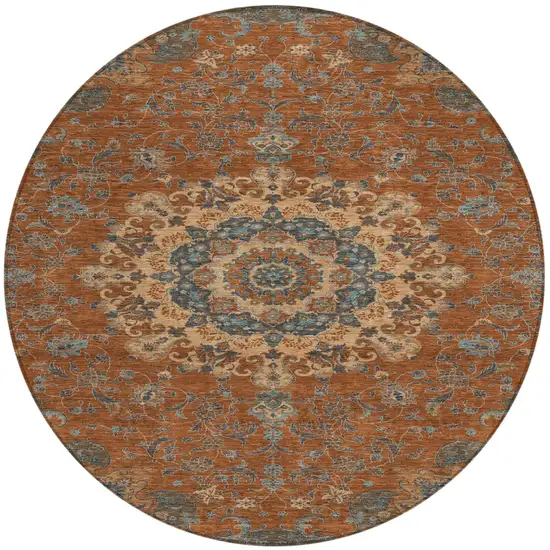 8' Orange And Charcoal Round Floral Medallion Washable Indoor Outdoor Area Rug Photo 2
