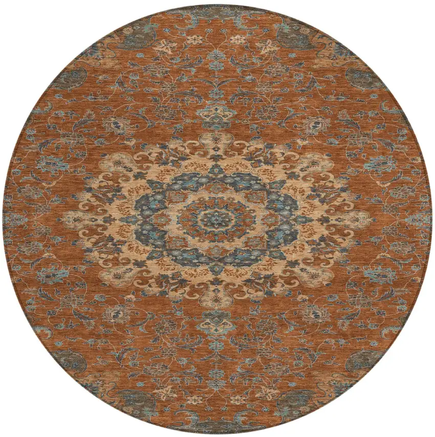 8' Orange And Charcoal Round Floral Medallion Washable Indoor Outdoor Area Rug Photo 2