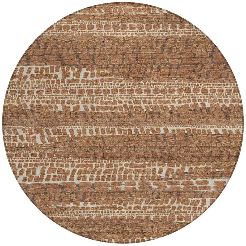 8' Orange And Chocolate Round Abstract Washable Indoor Outdoor Area Rug Photo 3