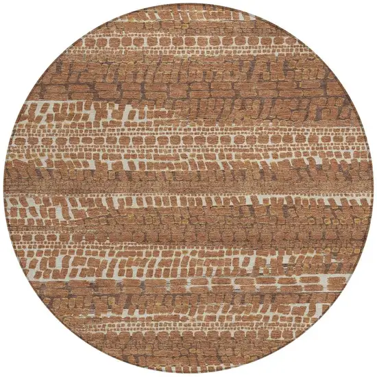 8' Orange And Chocolate Round Abstract Washable Indoor Outdoor Area Rug Photo 3