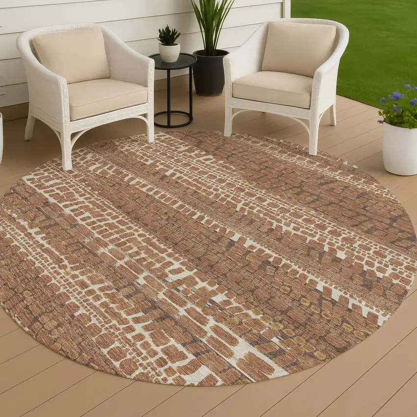 8' Orange And Chocolate Round Abstract Washable Indoor Outdoor Area Rug Photo 4
