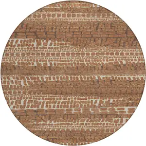 Photo of 8' Orange And Chocolate Round Abstract Washable Indoor Outdoor Area Rug