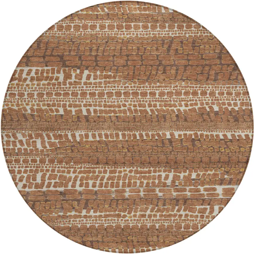 8' Orange And Chocolate Round Abstract Washable Indoor Outdoor Area Rug Photo 1