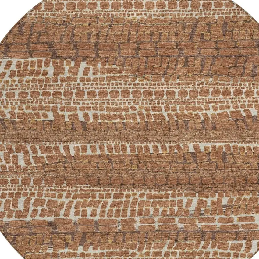 8' Orange And Chocolate Round Abstract Washable Indoor Outdoor Area Rug Photo 2