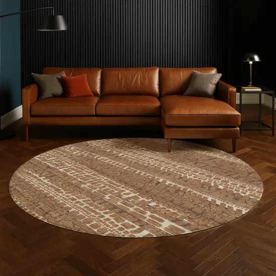 8' Orange And Chocolate Round Abstract Washable Indoor Outdoor Area Rug Photo 5