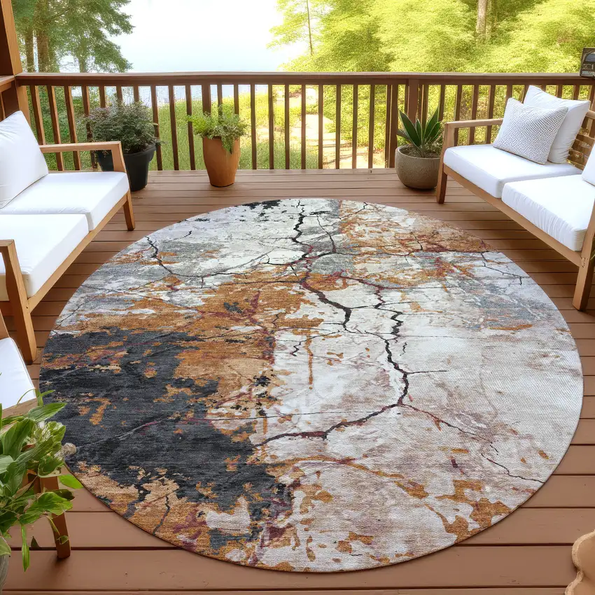 8' Orange And Copper Round Abstract Washable Indoor Outdoor Area Rug Photo 4