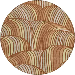 Photo of 8' Orange And Copper Round Abstract Washable Indoor Outdoor Area Rug