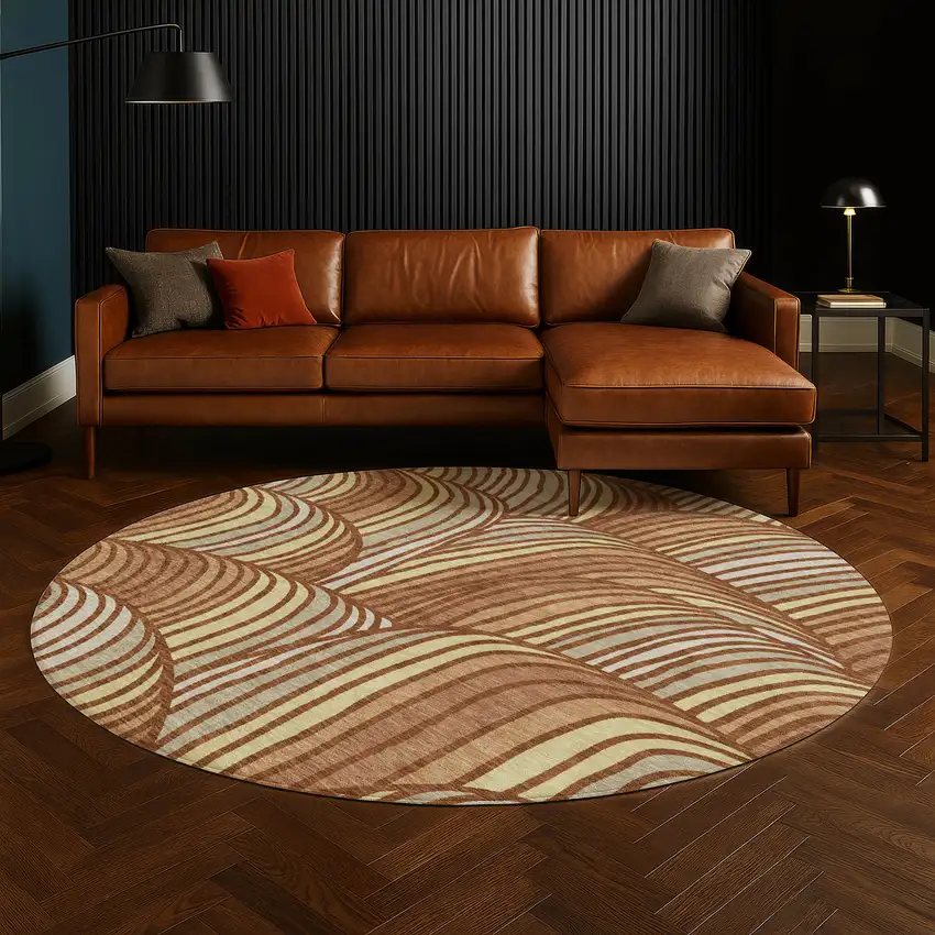 8' Orange And Copper Round Abstract Washable Indoor Outdoor Area Rug Photo 5