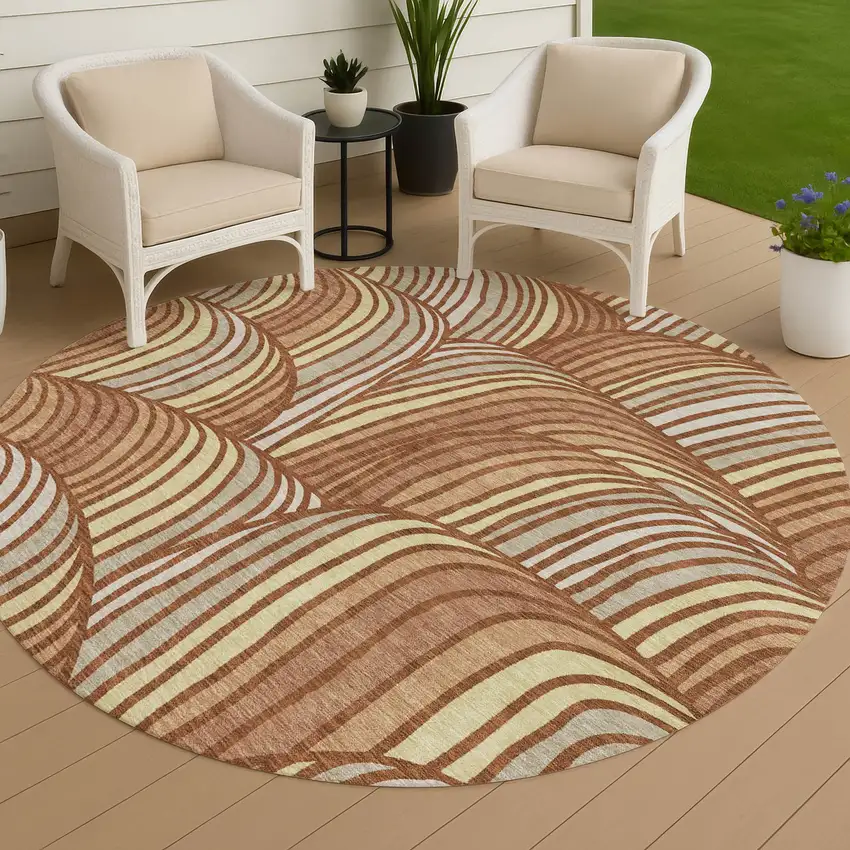8' Orange And Copper Round Abstract Washable Indoor Outdoor Area Rug Photo 4