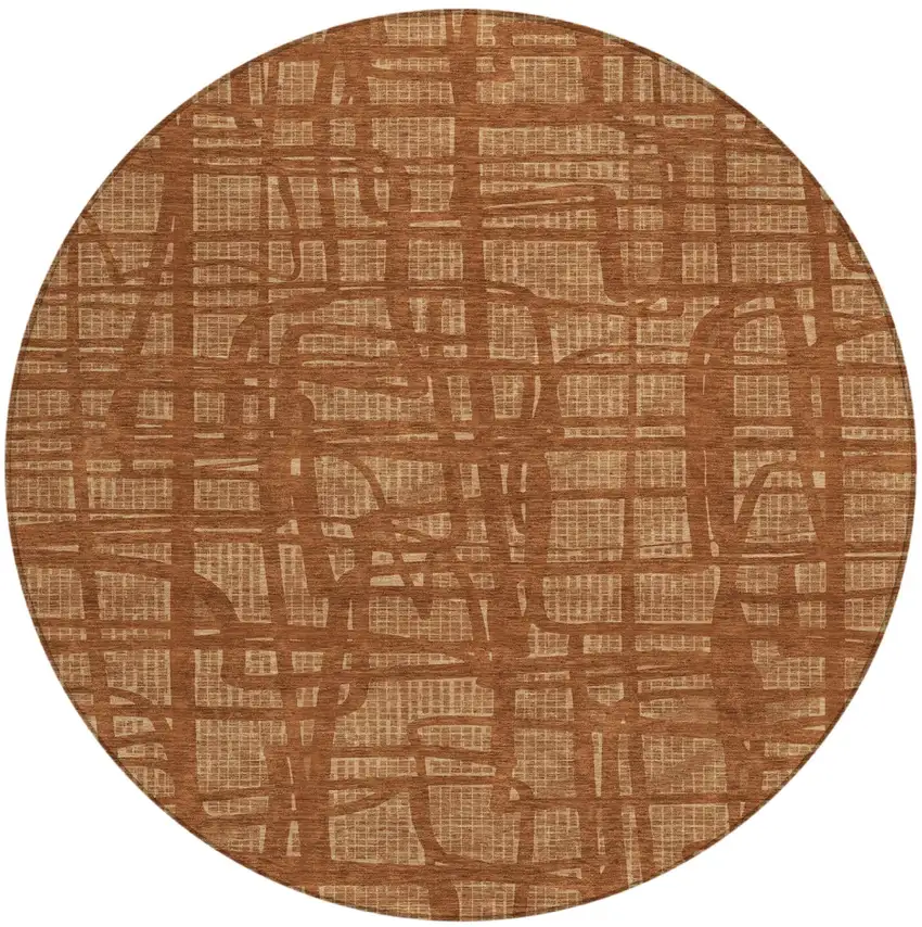 8' Orange And Copper Round Abstract Washable Indoor Outdoor Area Rug Photo 2