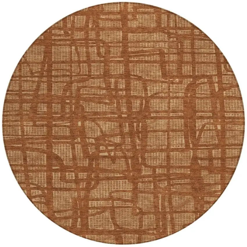 8' Orange And Copper Round Abstract Washable Indoor Outdoor Area Rug Photo 3