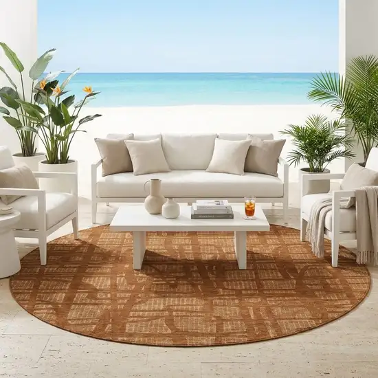 8' Orange And Copper Round Abstract Washable Indoor Outdoor Area Rug Photo 1