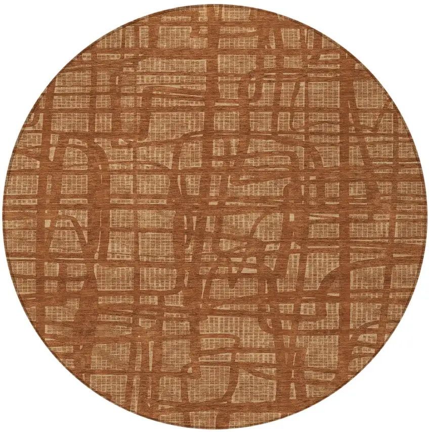 8' Orange And Copper Round Abstract Washable Indoor Outdoor Area Rug Photo 4
