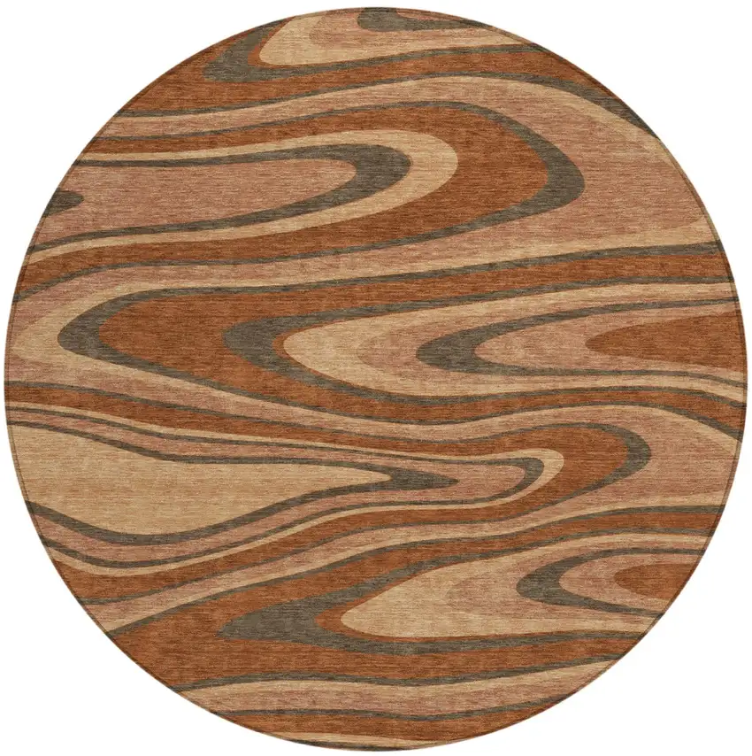 8' Orange And Copper Round Abstract Washable Indoor Outdoor Area Rug Photo 2