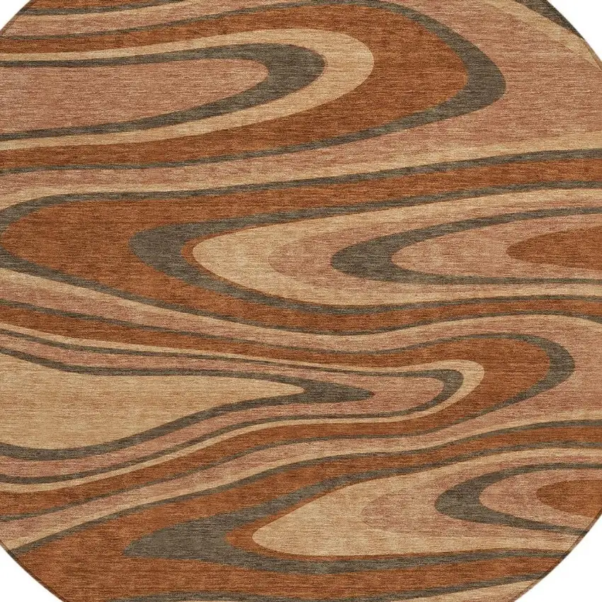 8' Orange And Copper Round Abstract Washable Indoor Outdoor Area Rug Photo 3