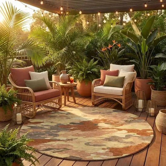 8' Orange And Copper Round Abstract Washable Indoor Outdoor Area Rug Photo 1