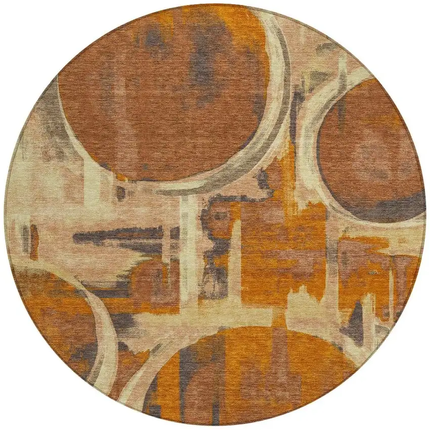 8' Orange And Copper Round Abstract Washable Indoor Outdoor Area Rug Photo 3
