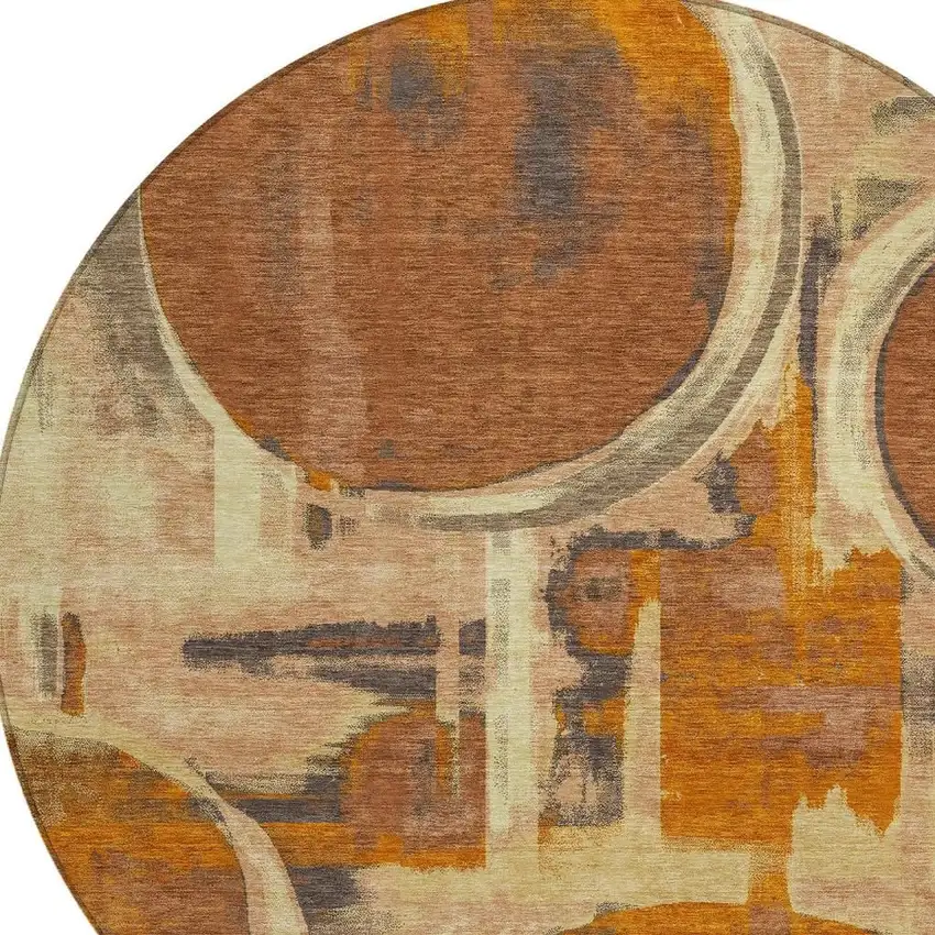 8' Orange And Copper Round Abstract Washable Indoor Outdoor Area Rug Photo 2