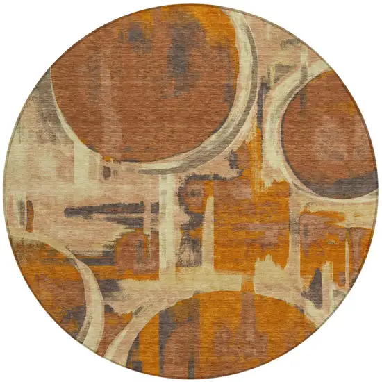 8' Orange And Copper Round Abstract Washable Indoor Outdoor Area Rug Photo 1