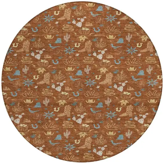 8' Orange And Copper Round Cactus Washable Indoor Outdoor Area Rug Photo 3
